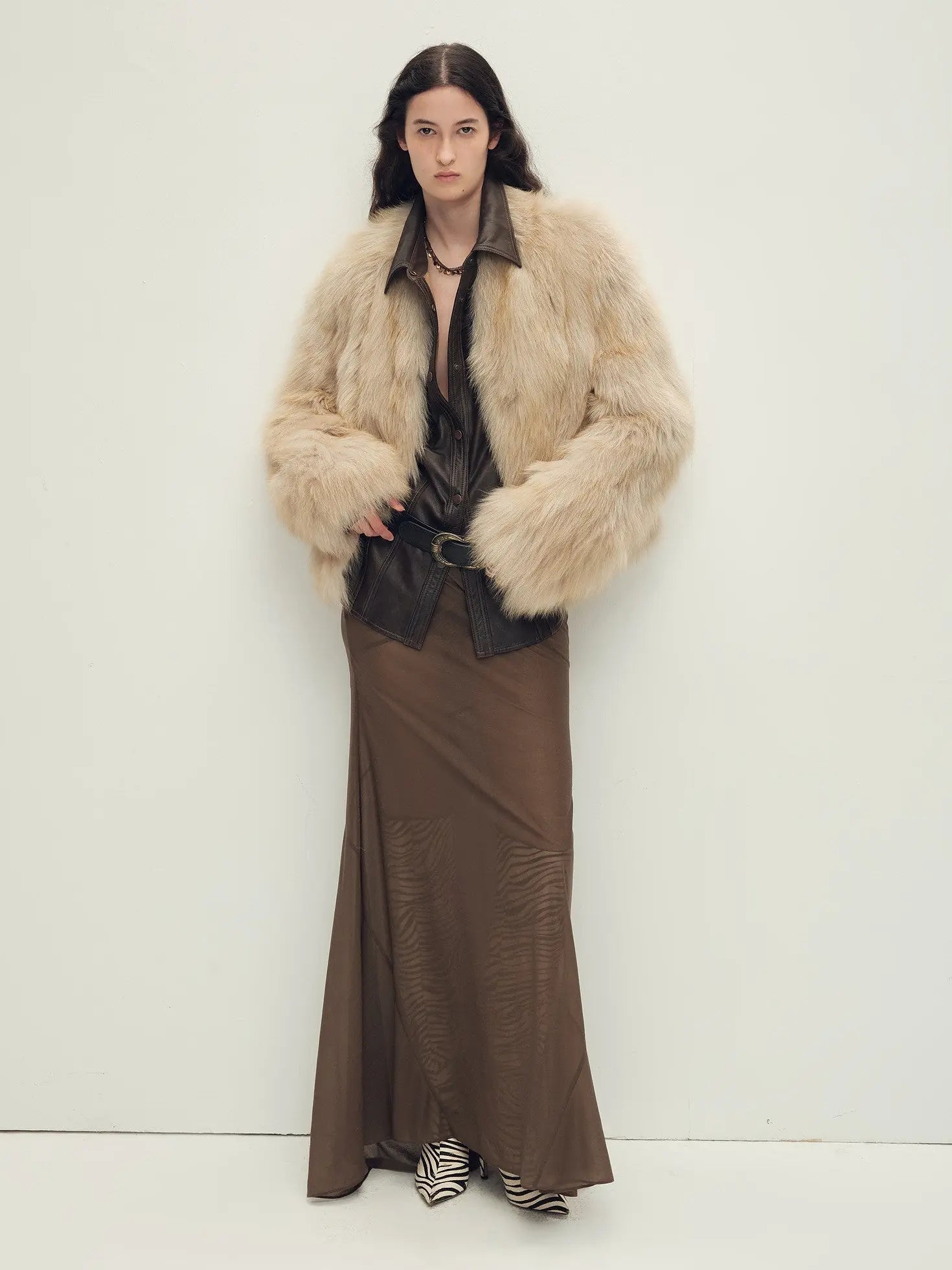 Chic Sister Haze Yellow standing-collar fox fur coat, full-length model view