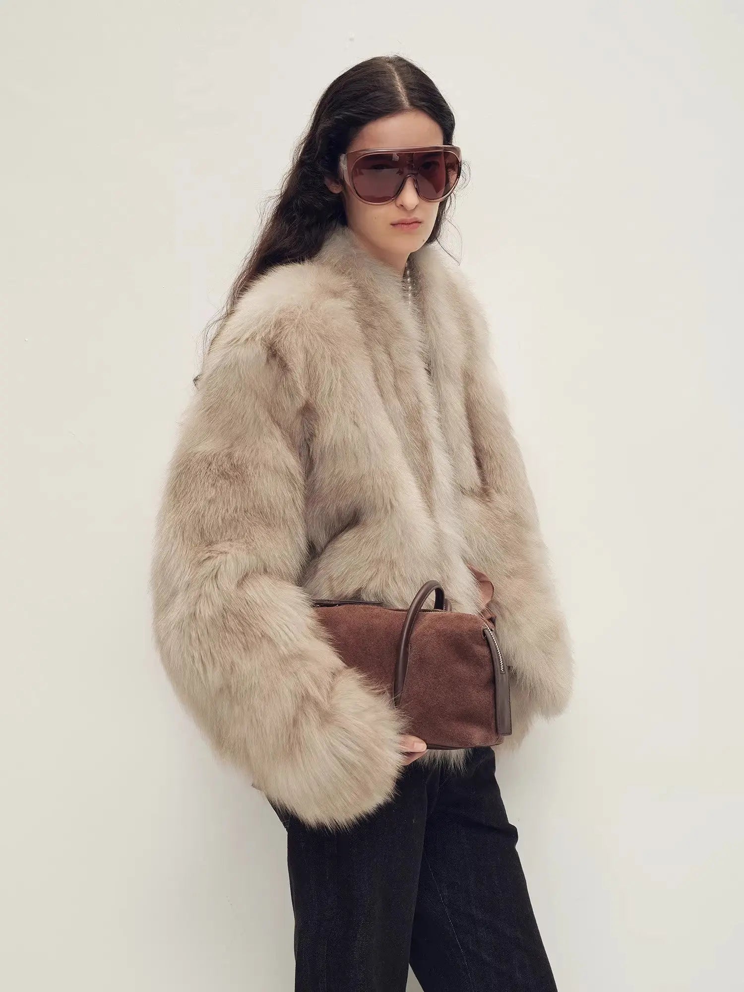 Chic Sister Hazel standing-collar fox fur coat, three-quarter model view