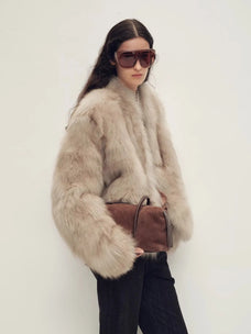 Chic Sister Hazel standing-collar fox fur coat, three-quarter model view