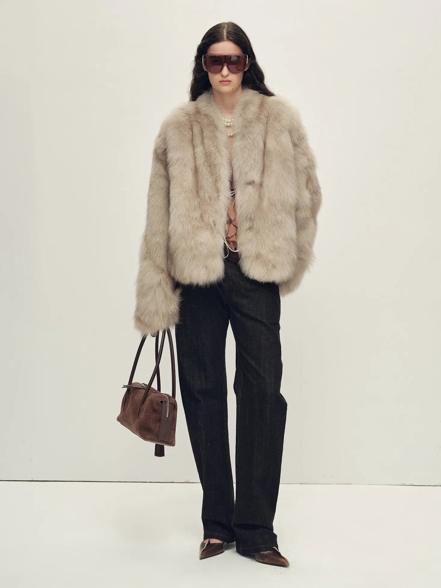 Chic Sister Mocha standing-collar fox fur coat, full-length model view