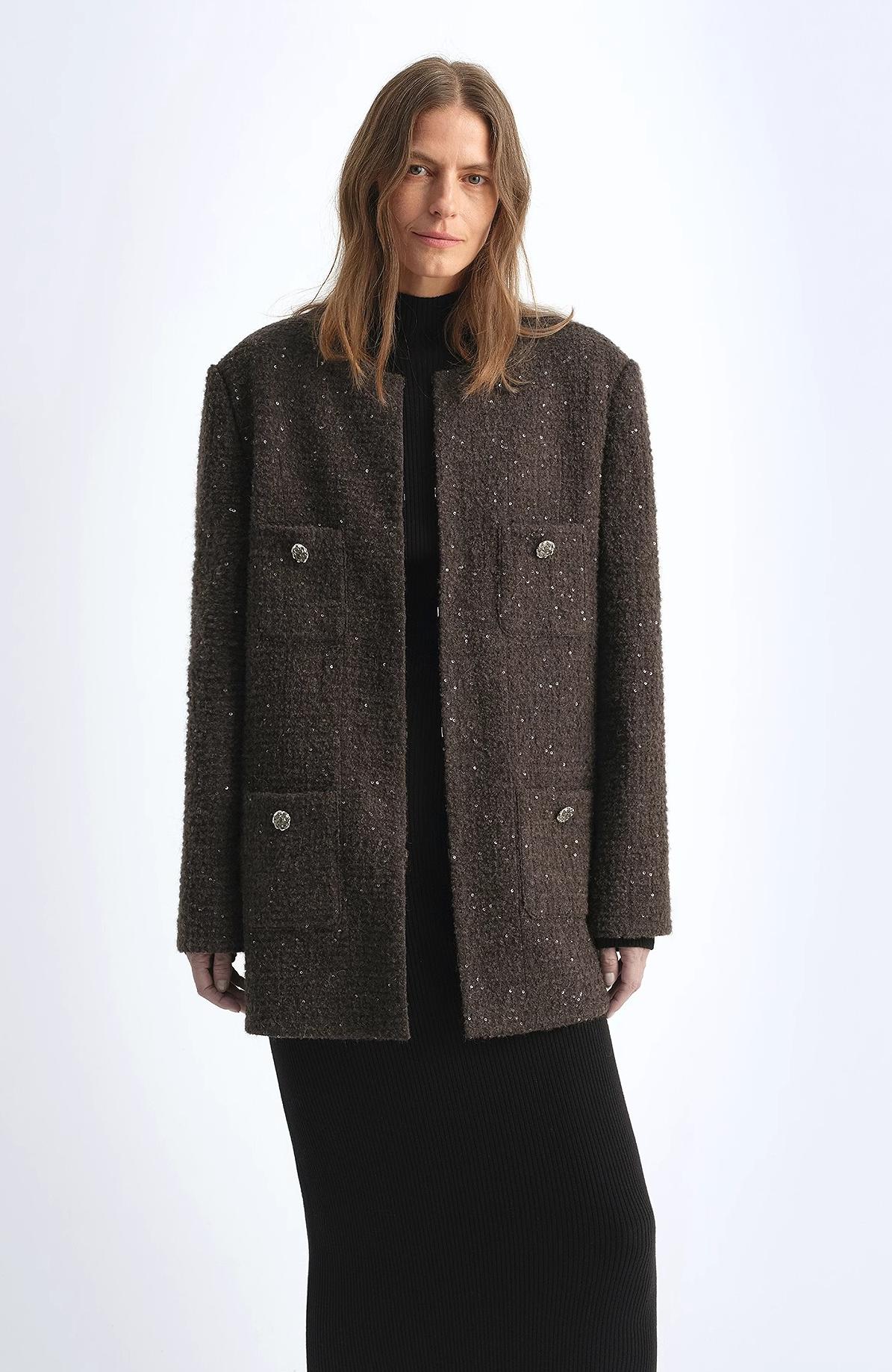 Circle Texture Sequined Wool Tweed Round Neck Long Chanel Style Coat for Women - variant_title