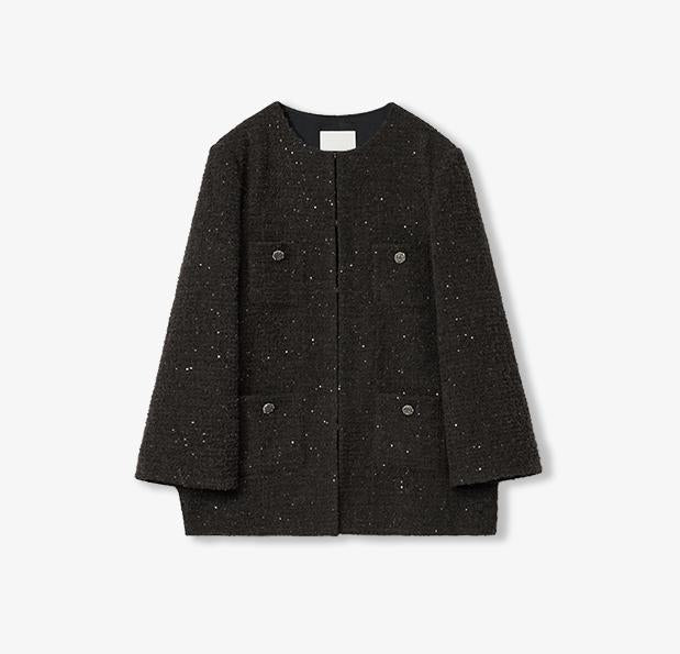 Circle Texture Sequined Wool Tweed Round Neck Long Chanel Style Coat for Women - variant_title