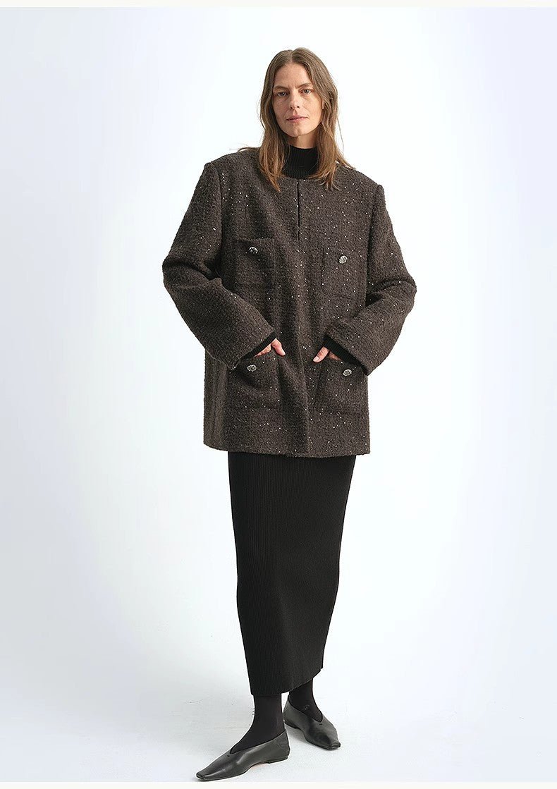 Circle Texture Sequined Wool Tweed Round Neck Long Chanel Style Coat for Women - variant_title