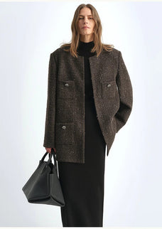 Circle Texture Sequined Wool Tweed Round Neck Long Chanel Style Coat for Women - variant_title