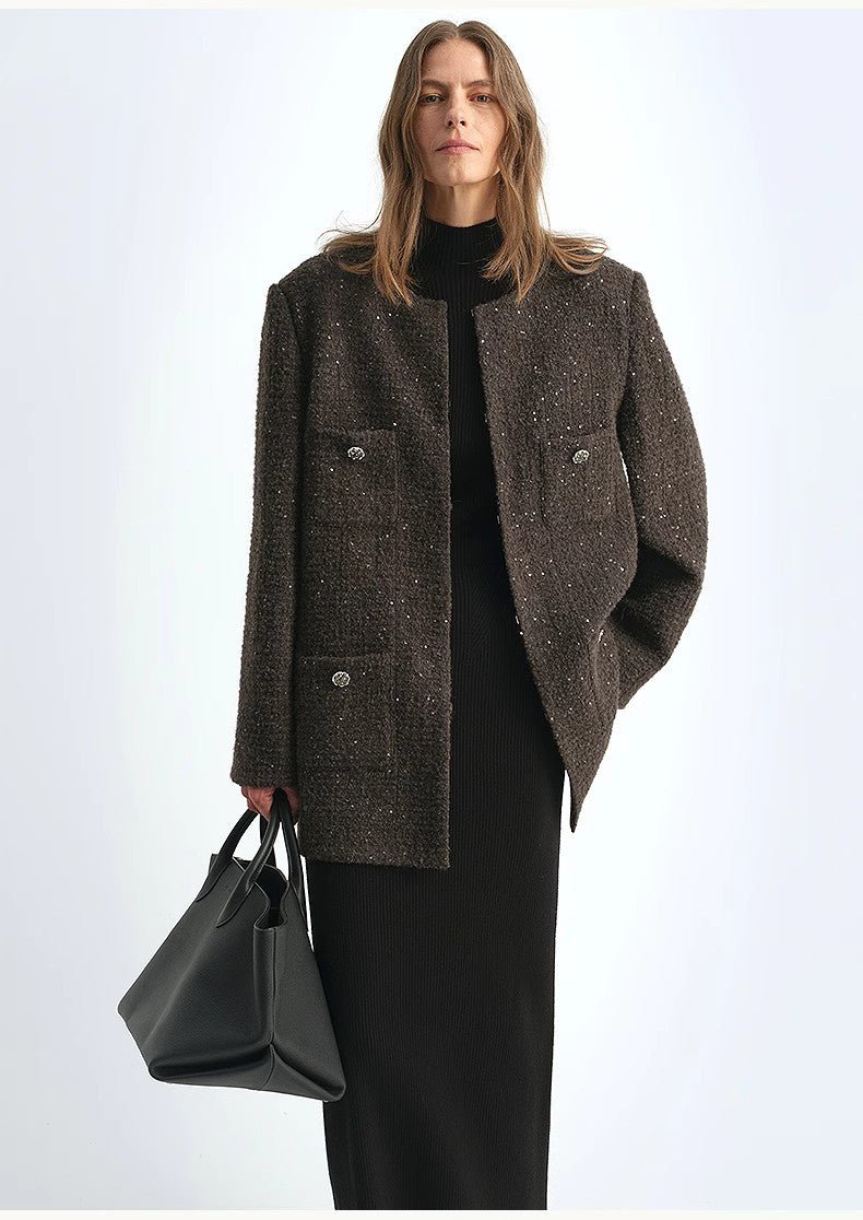 Circle Texture Sequined Wool Tweed Round Neck Long Chanel Style Coat for Women - variant_title