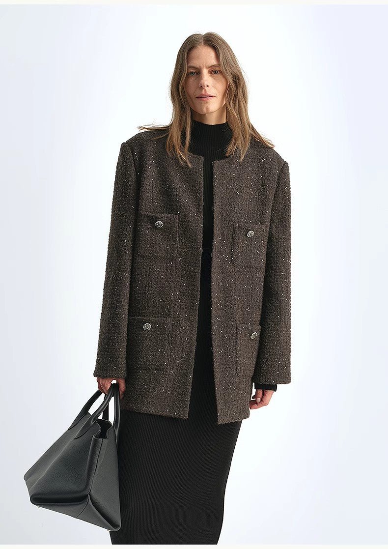 Circle Texture Sequined Wool Tweed Round Neck Long Chanel Style Coat for Women - variant_title