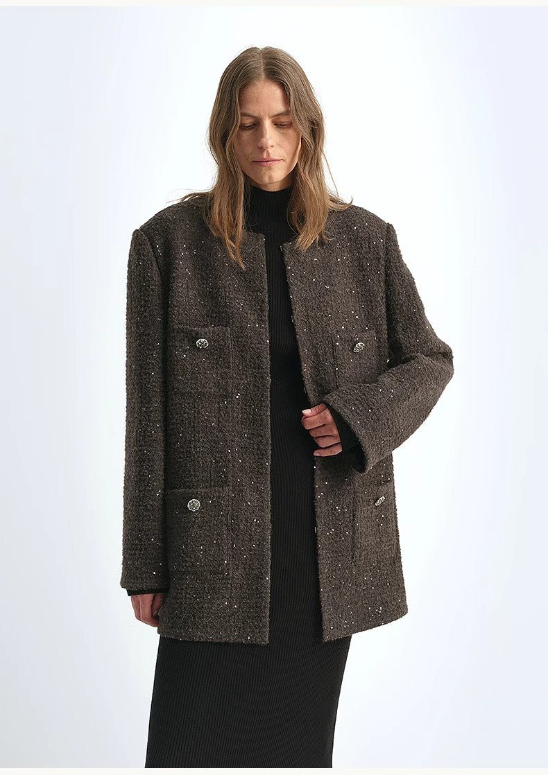 Circle Texture Sequined Wool Tweed Round Neck Long Chanel Style Coat for Women - variant_title