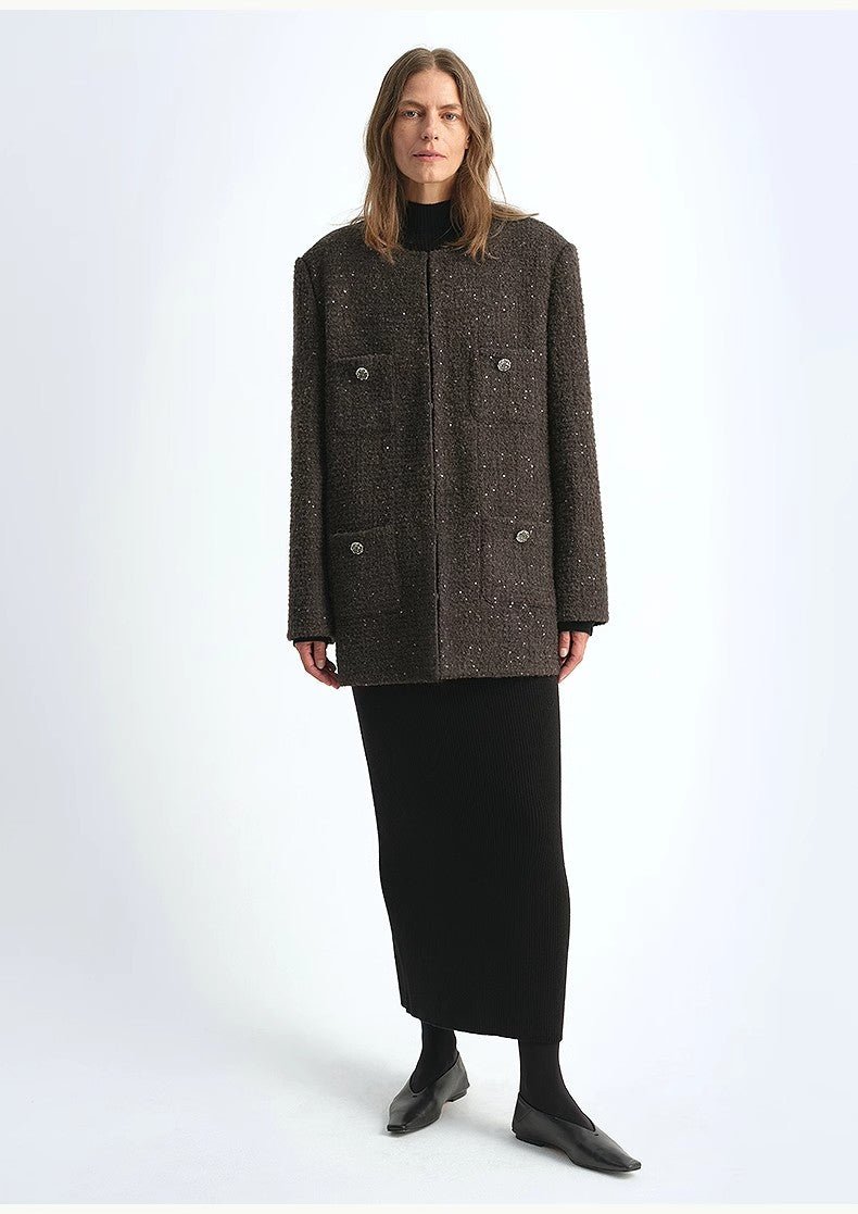 Circle Texture Sequined Wool Tweed Round Neck Long Chanel Style Coat for Women - variant_title