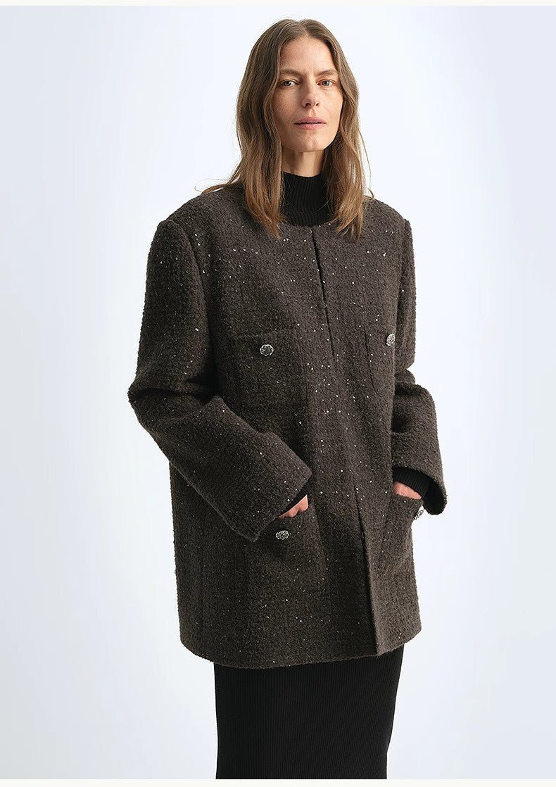 Circle Texture Sequined Wool Tweed Round Neck Long Chanel Style Coat for Women - variant_title