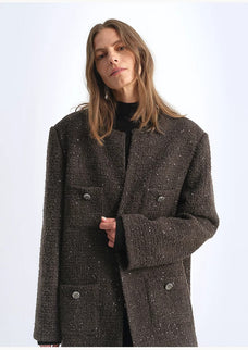 Circle Texture Sequined Wool Tweed Round Neck Long Chanel Style Coat for Women - variant_title