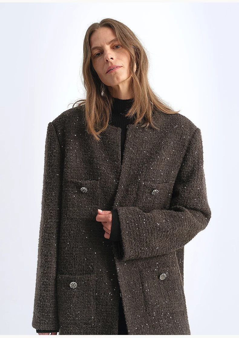Circle Texture Sequined Wool Tweed Round Neck Long Chanel Style Coat for Women - variant_title