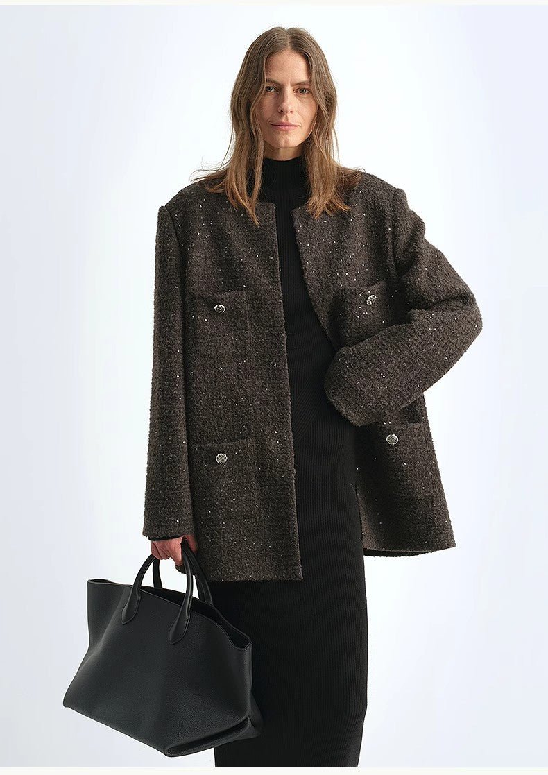 Circle Texture Sequined Wool Tweed Round Neck Long Chanel Style Coat for Women - variant_title