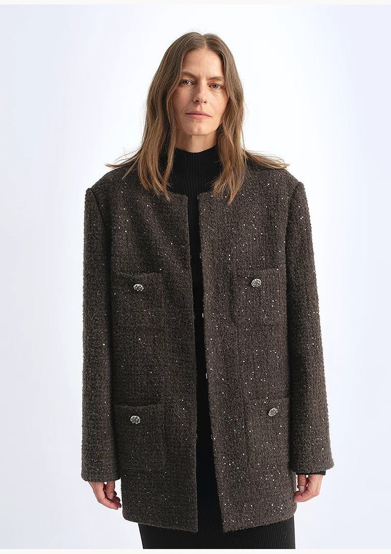 Circle Texture Sequined Wool Tweed Round Neck Long Chanel Style Coat for Women - variant_title