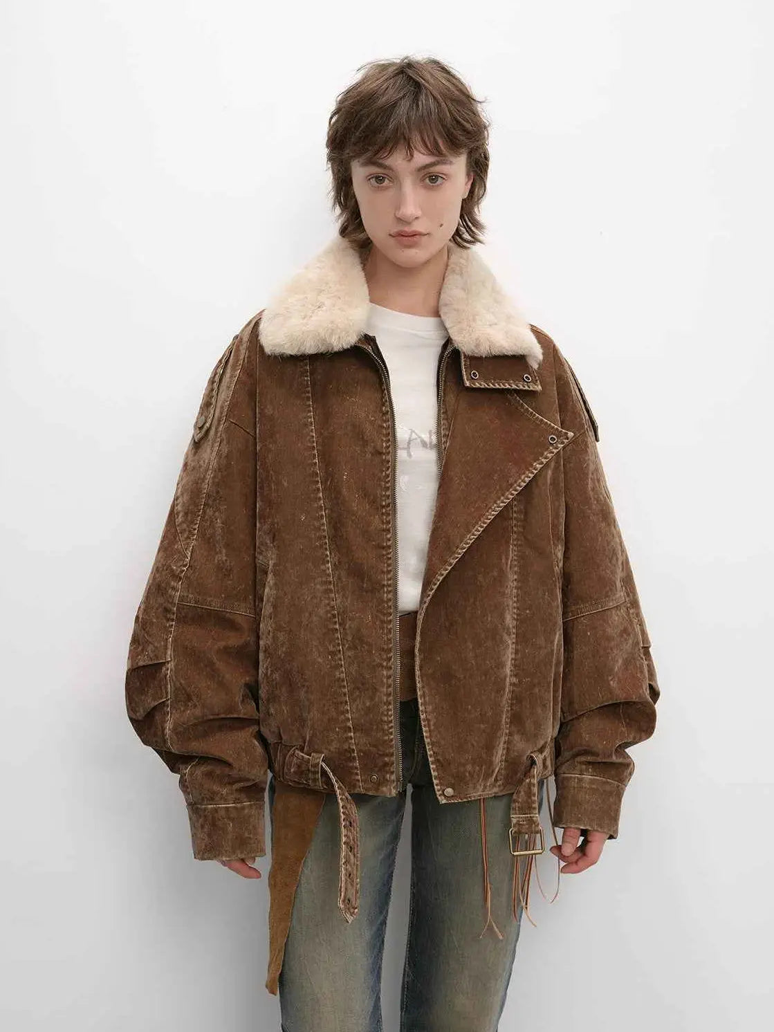 Model wearing Fireladyfur City Travel SUN GOLD BROWN fox fur down parka front view