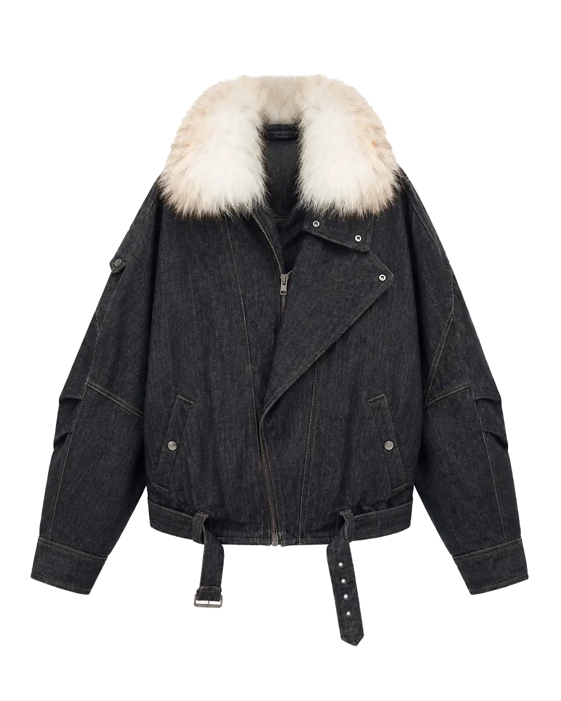 Fireladyfur City Travel Denim Blue flocked denim down parka with detachable fox fur collar cutout