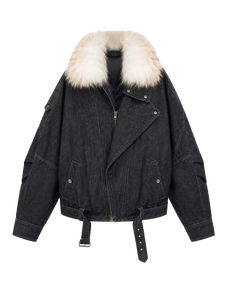 Fireladyfur City Travel Denim Blue flocked denim down parka with detachable fox fur collar cutout