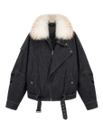Fireladyfur City Travel Denim Blue flocked denim down parka with detachable fox fur collar cutout