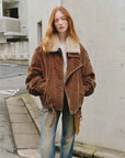 Outdoor model view of Fireladyfur City Travel SUN GOLD BROWN flocked denim fox fur parka