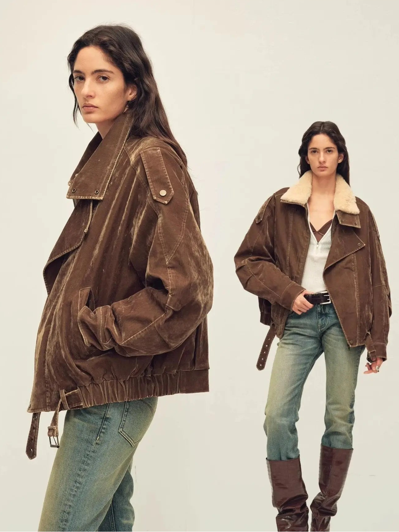 Fireladyfur City Travel SUN GOLD BROWN fox fur down parka two-look styling collage