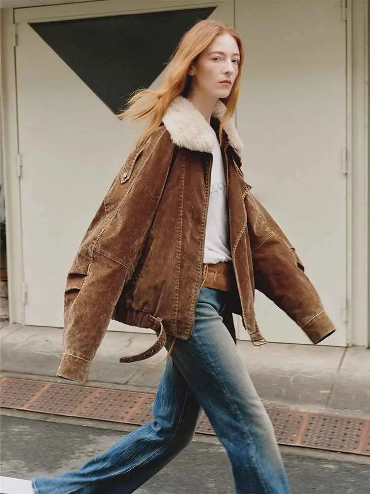 Model walking in Fireladyfur City Travel SUN GOLD BROWN fox fur down parka