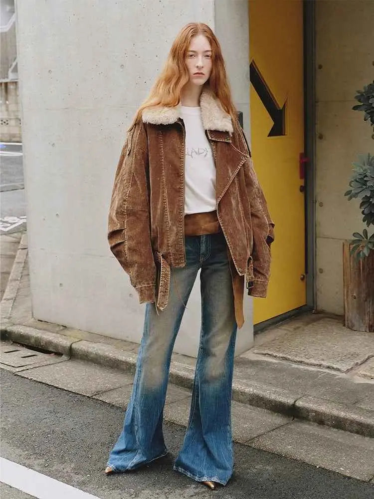 Full-length outdoor model view of Fireladyfur City Travel SUN GOLD BROWN down parka