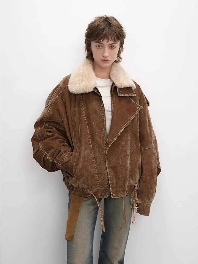 Studio front model view of Fireladyfur City Travel SUN GOLD BROWN flocked denim parka