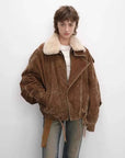 Studio front model view of Fireladyfur City Travel SUN GOLD BROWN flocked denim parka