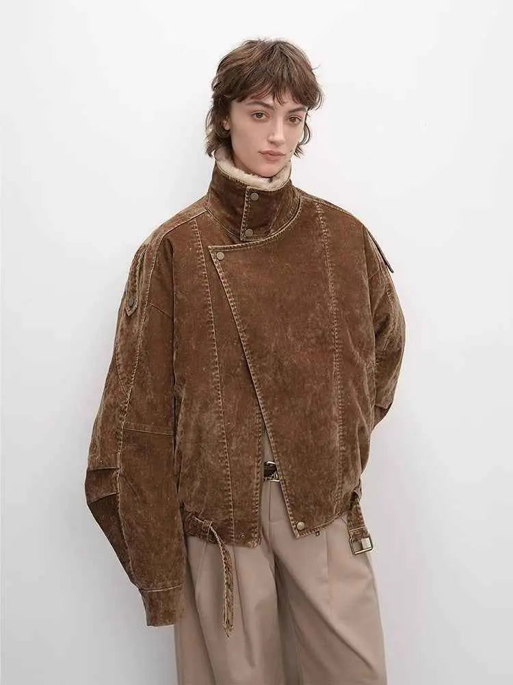 Back model view of Fireladyfur City Travel SUN GOLD BROWN flocked denim down parka