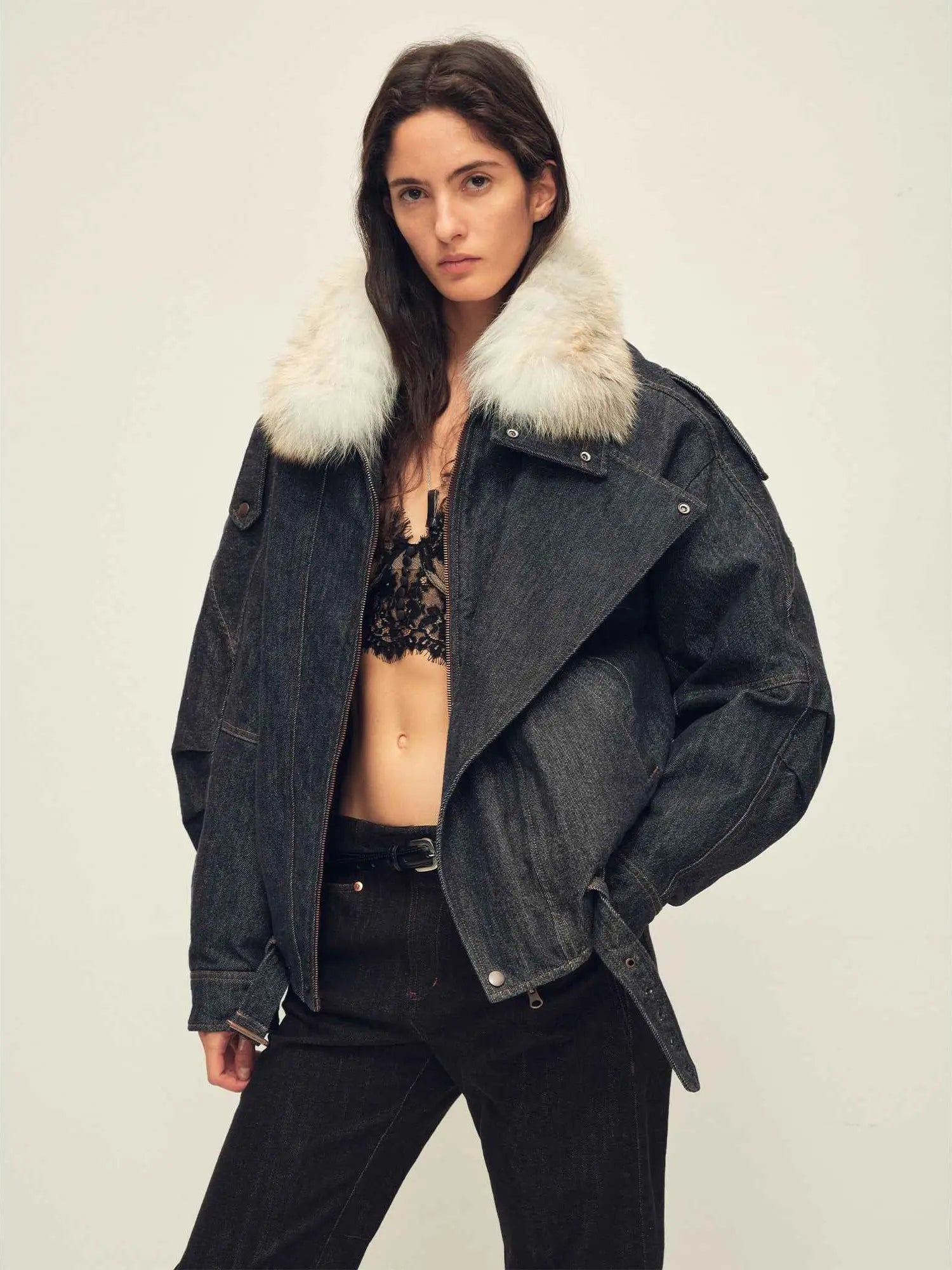 Studio model wearing Fireladyfur City Travel Denim Blue fox fur down parka front view