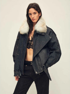 Studio model wearing Fireladyfur City Travel Denim Blue fox fur down parka front view