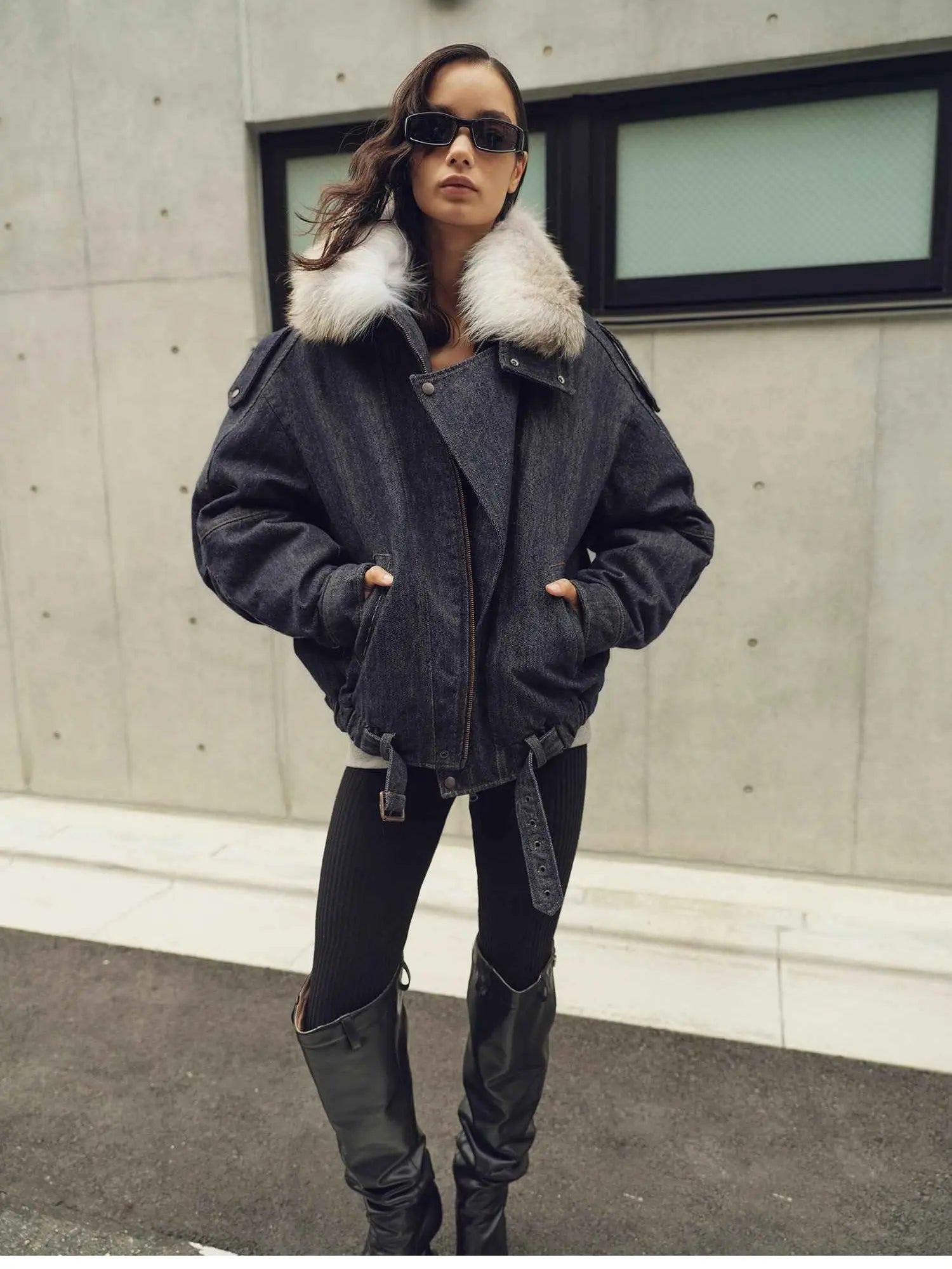 Outdoor front view of Fireladyfur City Travel Denim Blue fox fur down parka on model