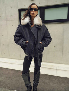 Outdoor front view of Fireladyfur City Travel Denim Blue fox fur down parka on model
