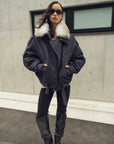 Outdoor front view of Fireladyfur City Travel Denim Blue fox fur down parka on model