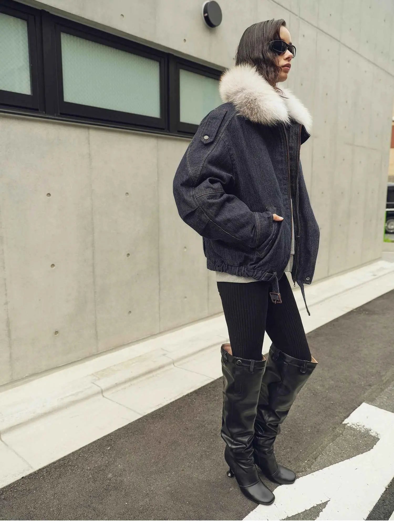Outdoor side view of Fireladyfur City Travel Denim Blue fox fur down parka on model
