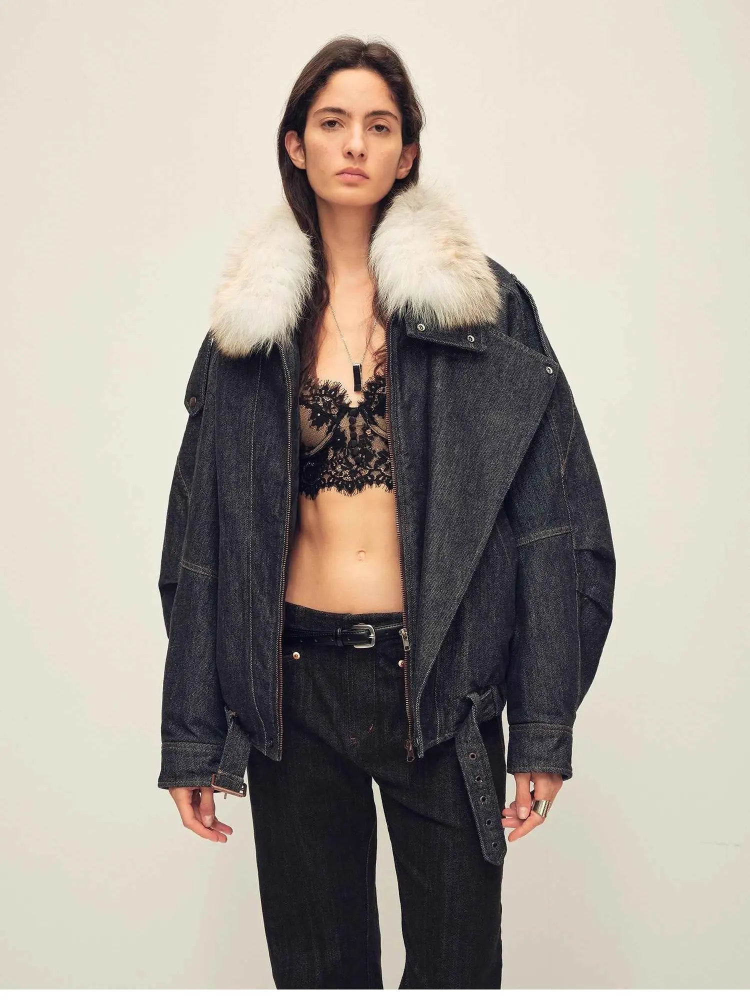 Studio full model view of Fireladyfur City Travel Denim Blue flocked denim fox fur parka