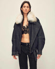 Studio full model view of Fireladyfur City Travel Denim Blue flocked denim fox fur parka