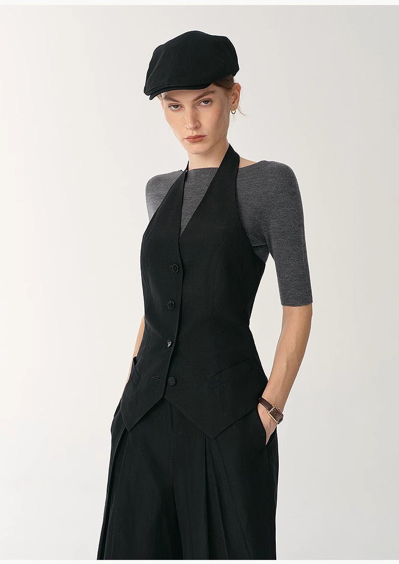 Classic old money style cool feeling silk linen halterneck sleeveless short vest women's top - variant_title