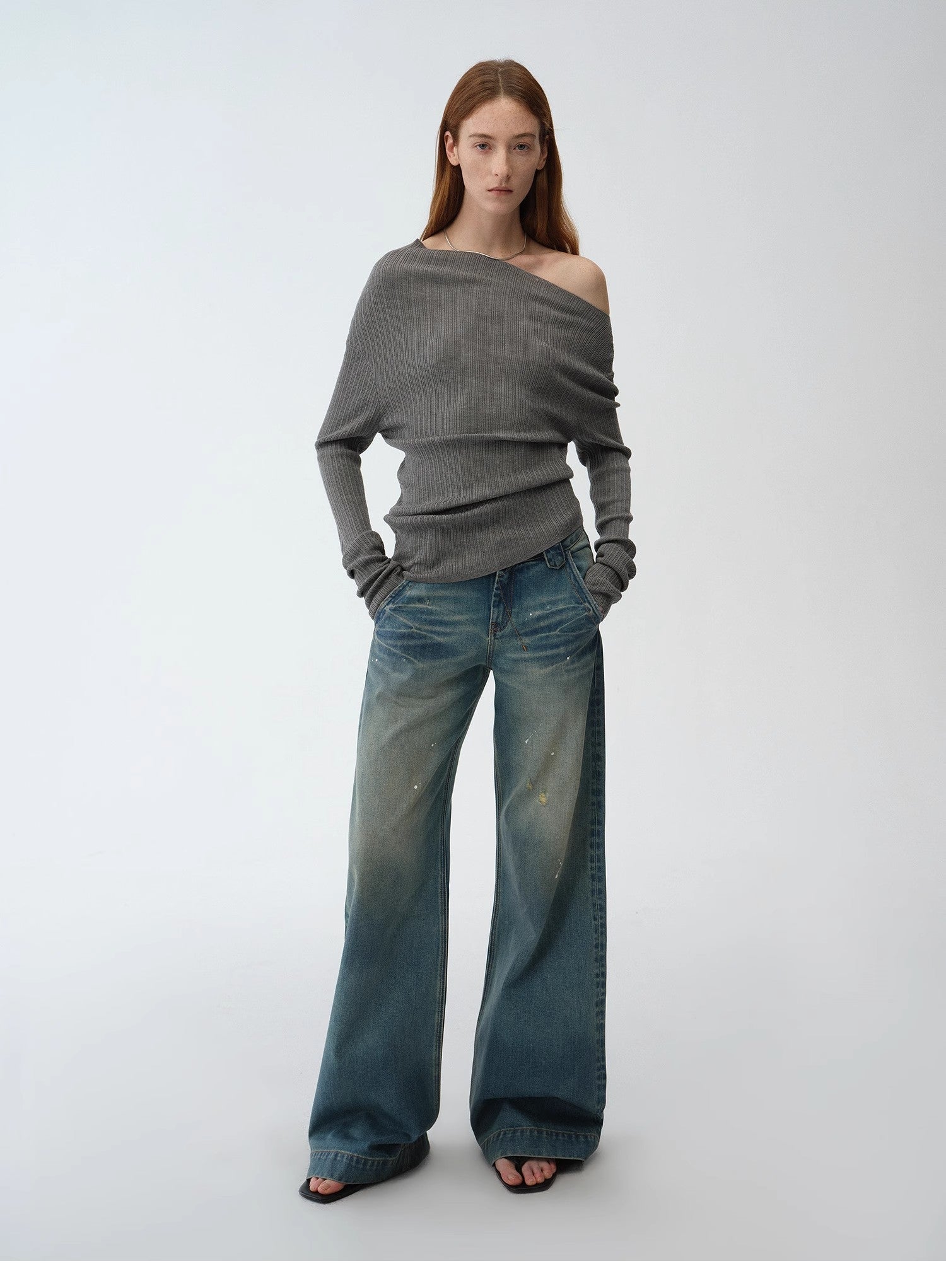 "Climber" leather - coated distressed straight low - rise cotton denim trousers for spring - variant_title