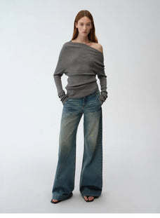 "Climber" leather - coated distressed straight low - rise cotton denim trousers for spring - variant_title