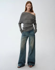 "Climber" leather - coated distressed straight low - rise cotton denim trousers for spring - variant_title