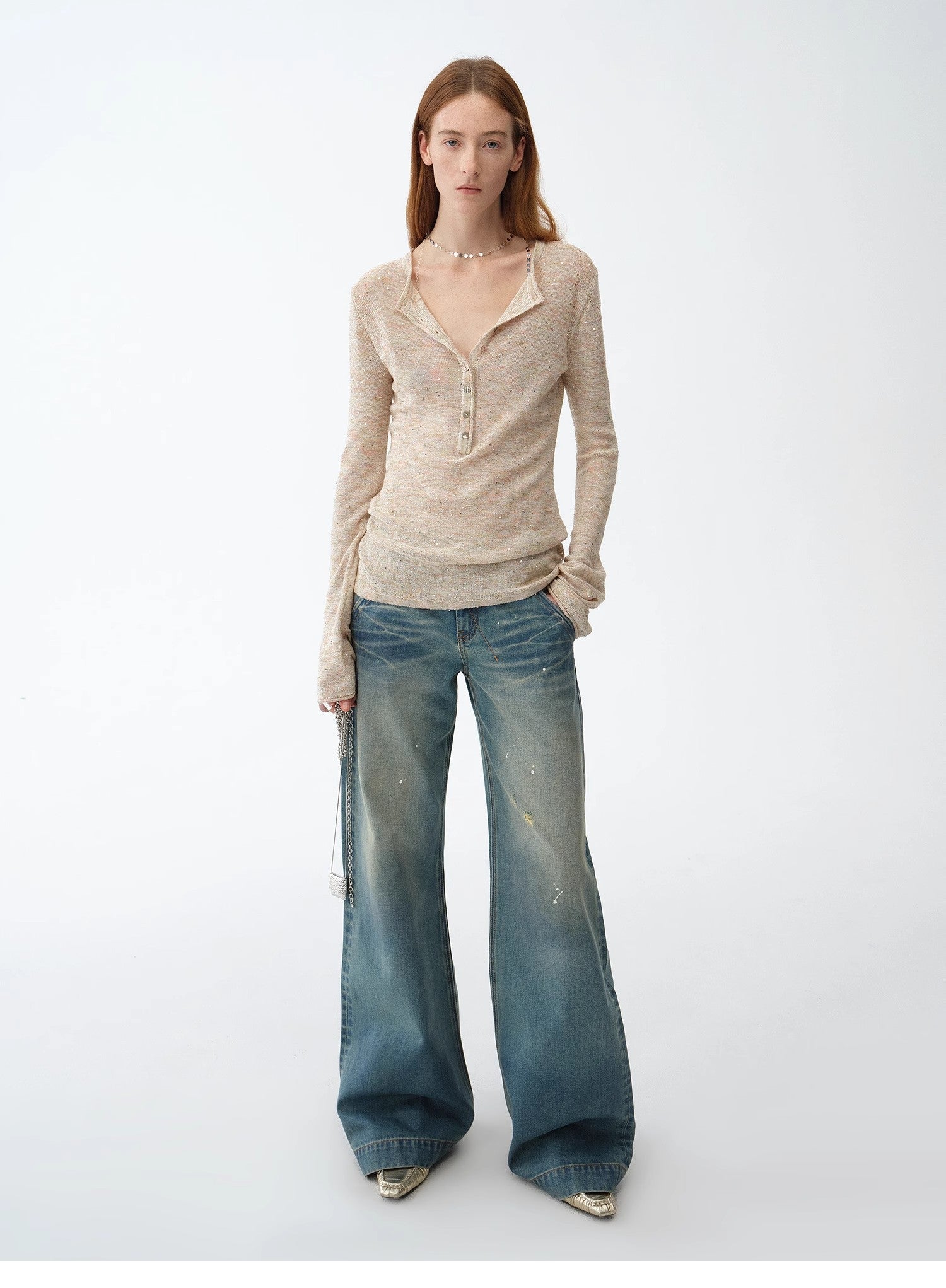 "Climber" leather - coated distressed straight low - rise cotton denim trousers for spring - variant_title
