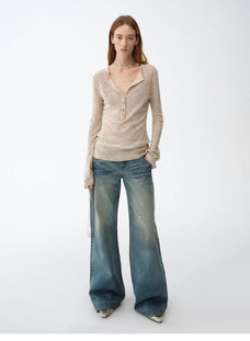 "Climber" leather - coated distressed straight low - rise cotton denim trousers for spring - variant_title