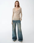 "Climber" leather - coated distressed straight low - rise cotton denim trousers for spring - variant_title
