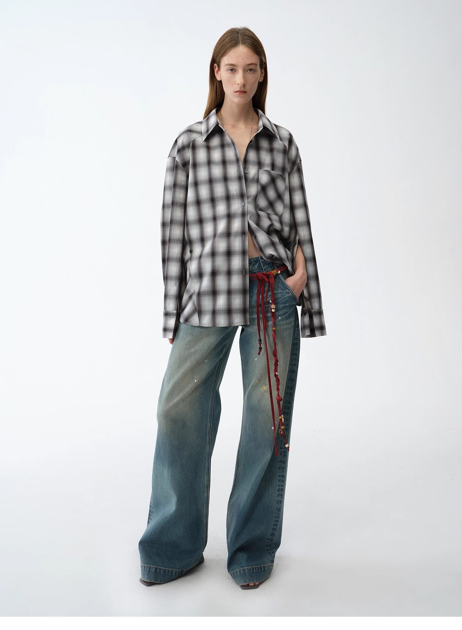 "Climber" leather - coated distressed straight low - rise cotton denim trousers for spring - variant_title