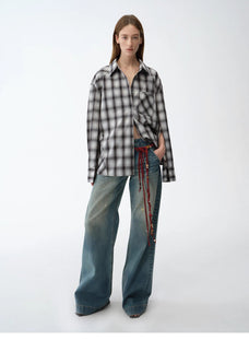 "Climber" leather - coated distressed straight low - rise cotton denim trousers for spring - variant_title