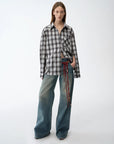 "Climber" leather - coated distressed straight low - rise cotton denim trousers for spring - variant_title