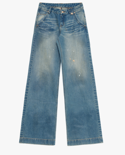 "Climber" leather - coated distressed straight low - rise cotton denim trousers for spring - variant_title