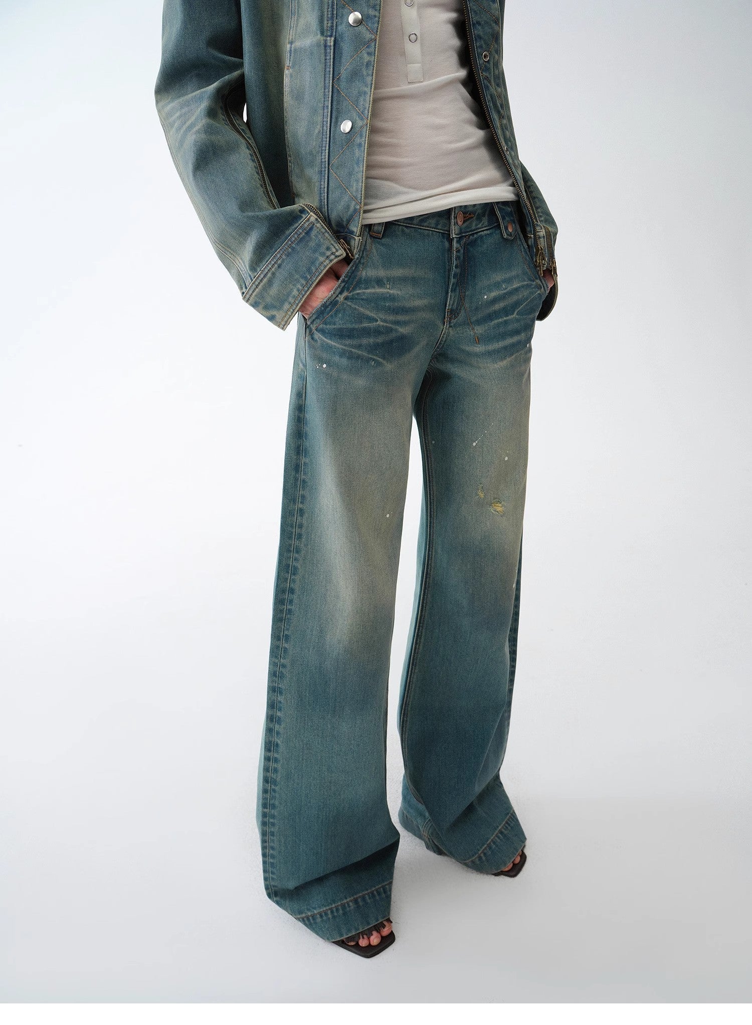 "Climber" leather - coated distressed straight low - rise cotton denim trousers for spring - variant_title