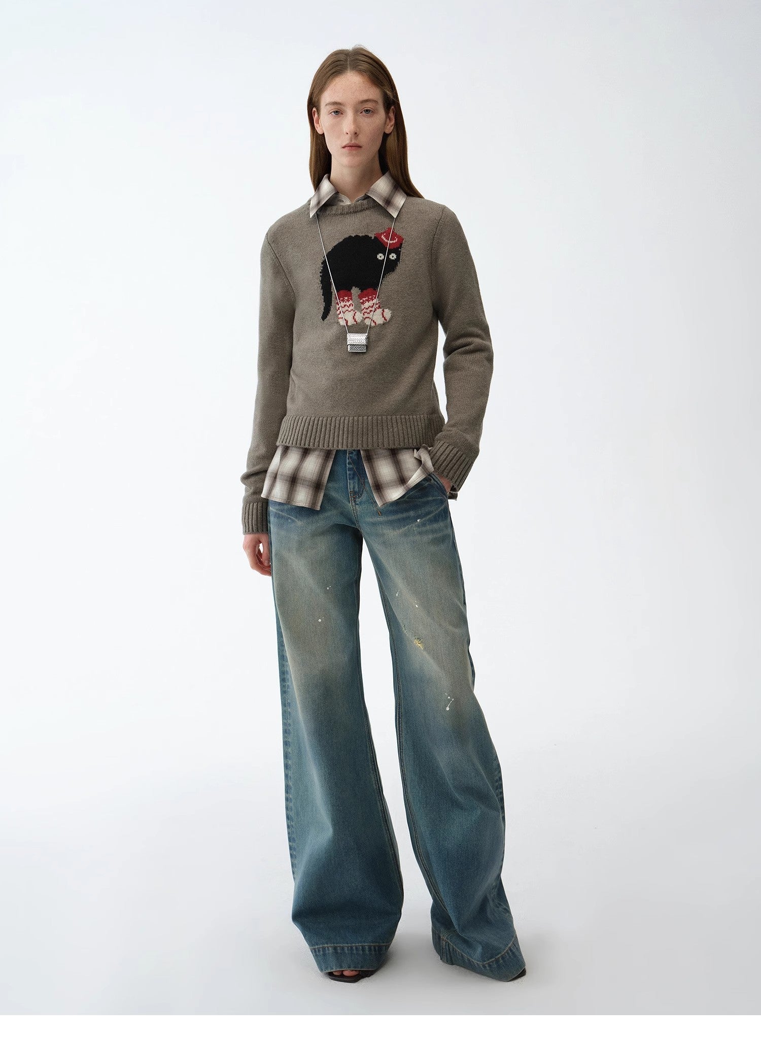 "Climber" leather - coated distressed straight low - rise cotton denim trousers for spring - variant_title