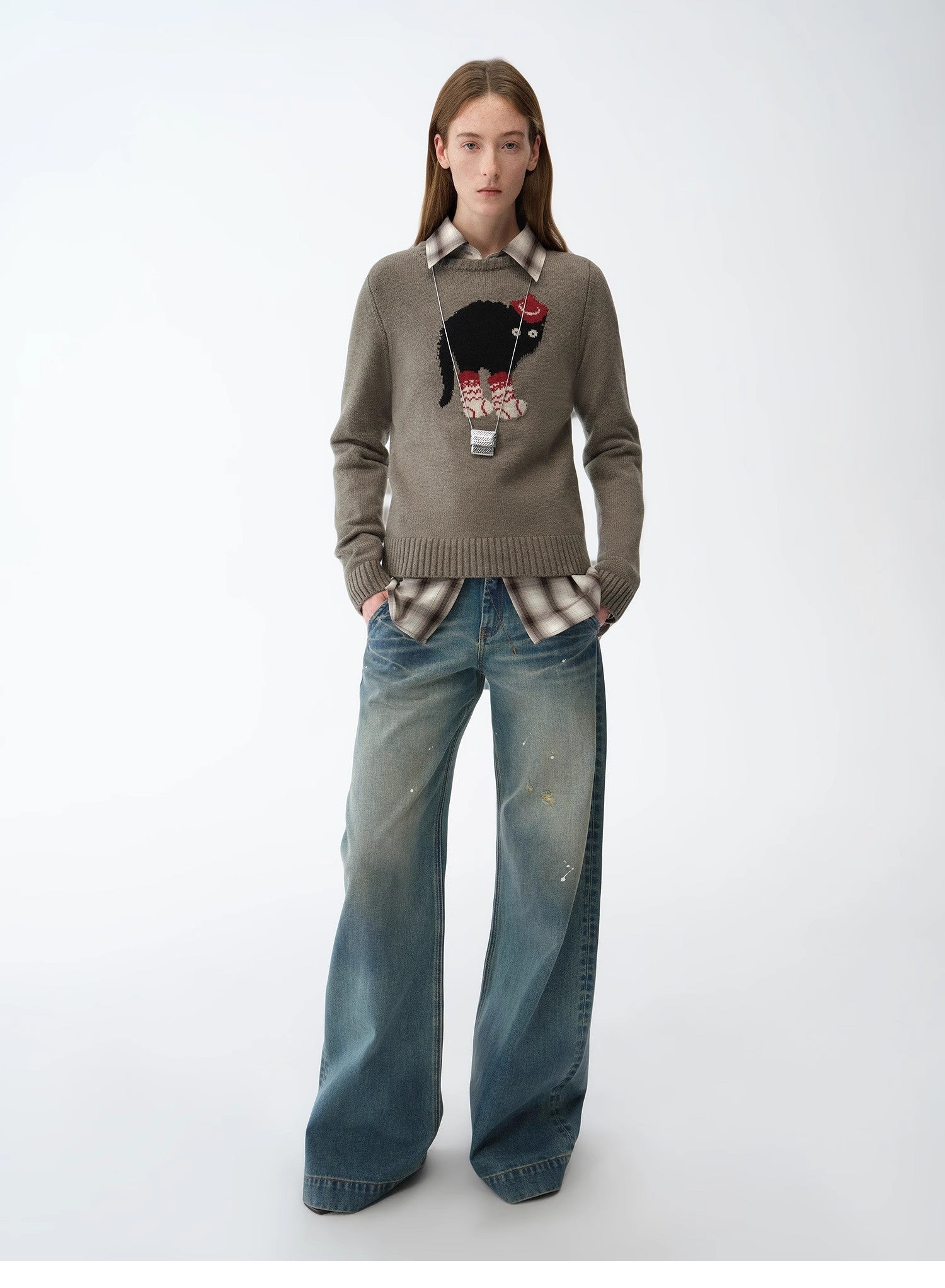 "Climber" leather - coated distressed straight low - rise cotton denim trousers for spring - variant_title